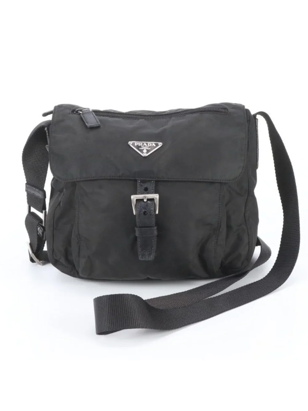Prada Tessuto Nylon Triangle Logo Leather Shoulder Bag Crossbody Messenger Black
